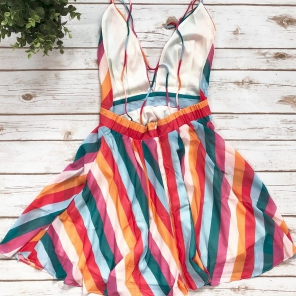 New Summer Rainbow Striped Plunge Mini Dress - Picture 9 of 14